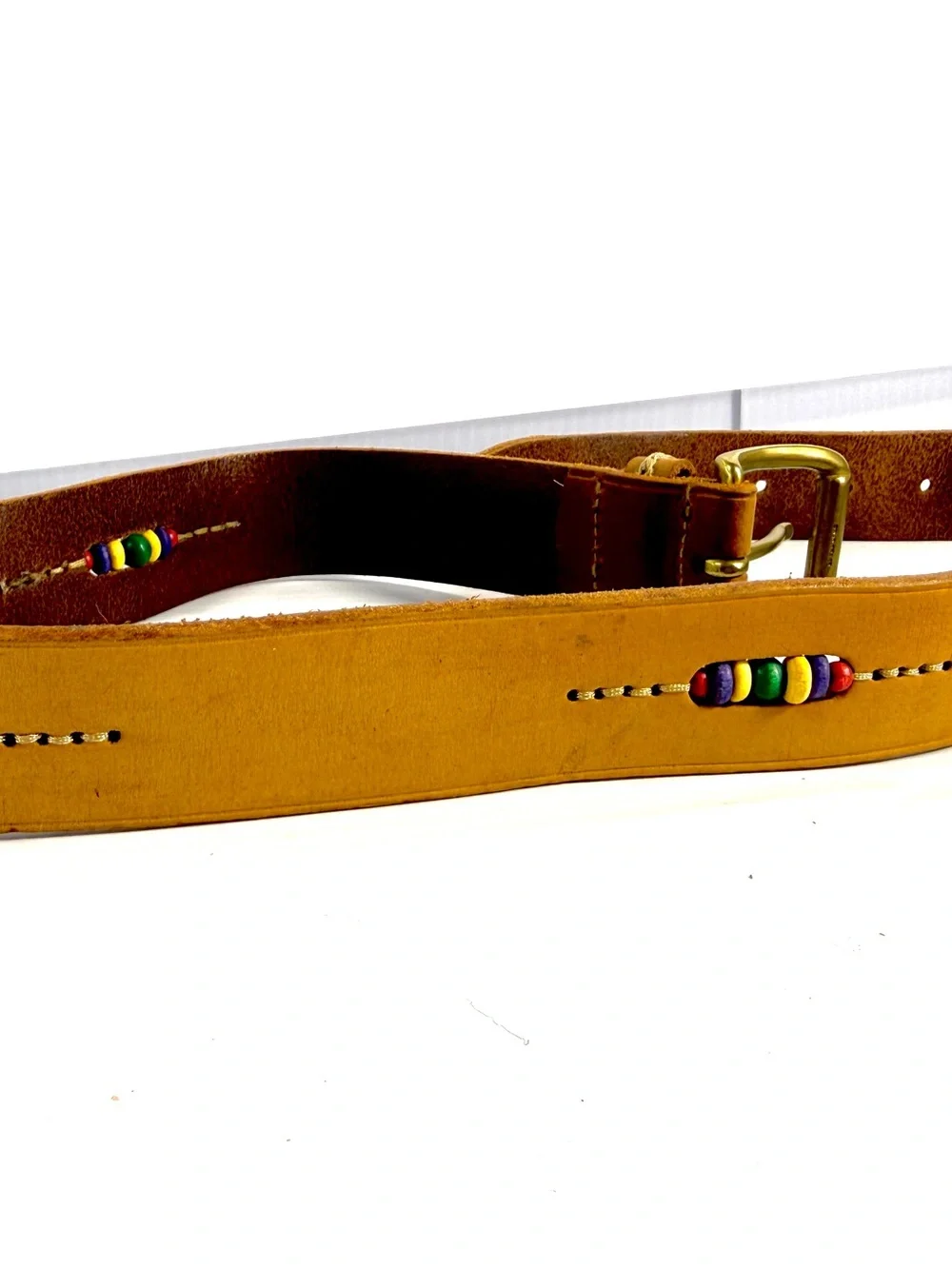 Womens Tan Leather Belt with Color Beading Inlay and Brass Buckle 32”